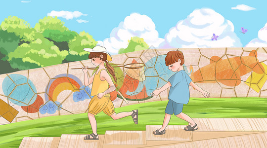 男孩捉蝴蝶假期出游捉蝴蝶的小孩插画
