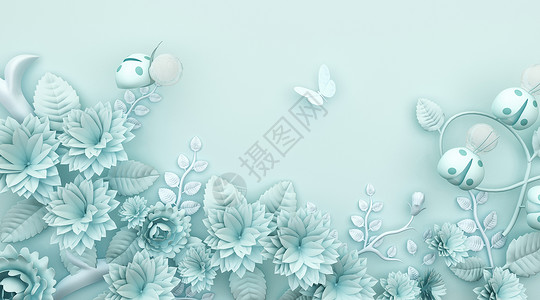 3D蝴蝶3d绿色小清新花语浮雕背景设计图片