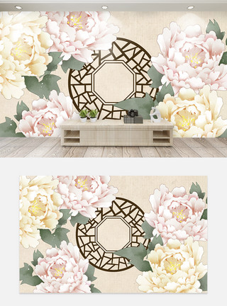 复古花朵背景中国风牡丹花古典背景墙模板