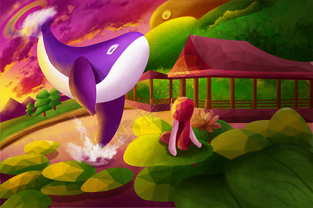 白荷叶女孩与蓝鲸鱼治愈奇幻水上庭院荷叶景色插画