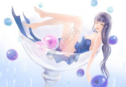 蓝色糖果瓶中世界-糖果少女的调皮插画