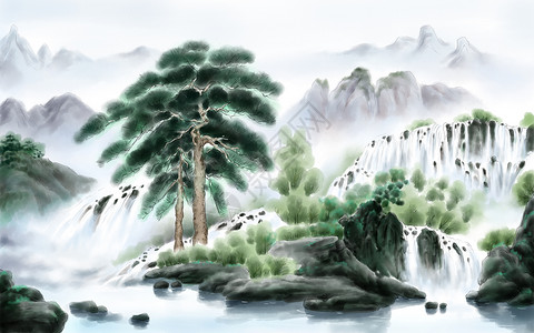 青松飞瀑中国画松树高清图片