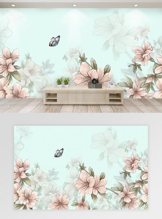 蝴蝶壁纸现代简约大片花朵背景墙模板