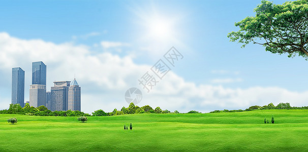 草地城市背景图片