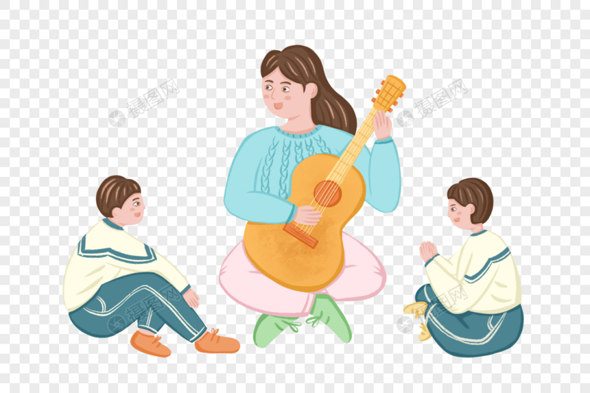 手绘音乐老师和学生围坐在地上唱歌场景图片