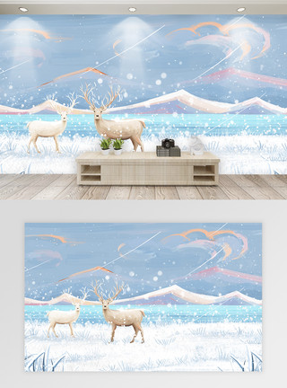 梦幻鹿雪地里的鹿背景墙模板
