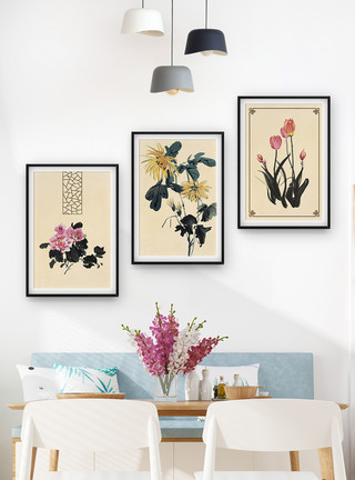 芍药素材中国风花卉植物三联框装饰画模板