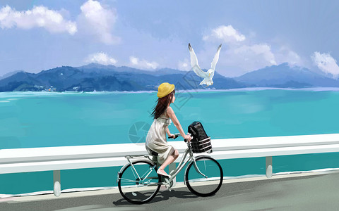 白色自行车夏日海边骑行插画