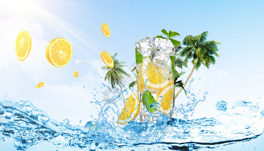 可爱夏日柠檬片夏日冰块背景设计图片