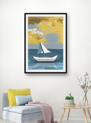 海与船海景装饰画模板