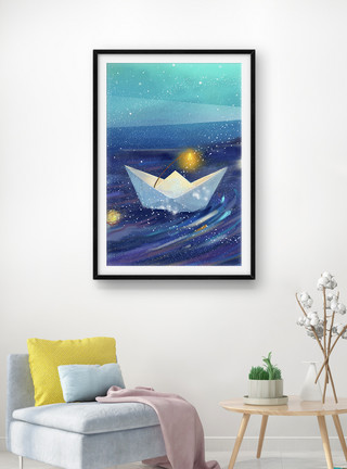 海景夜景纸船海上风景装饰画模板