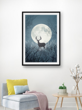 深林夜晚圆月之鹿装饰画模板