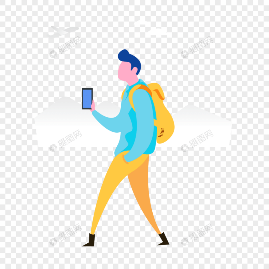 男生走路看手机图标免抠矢量插画素材图片