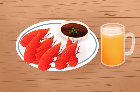 手绘龙虾小龙虾和啤酒插画
