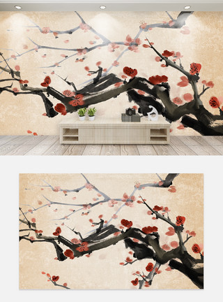 中国风水墨腊梅背景墙模板