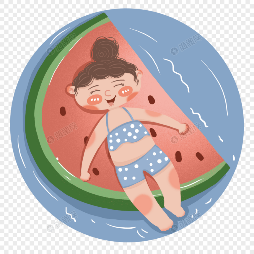 手绘躺在西瓜游泳圈上开心的女孩图片
