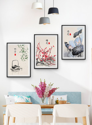 日式风格客厅中国风水墨装饰画三联框模板