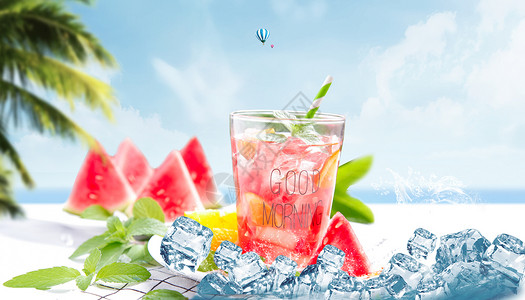 夏季清凉解暑喷冰块的西瓜夏天背景设计图片