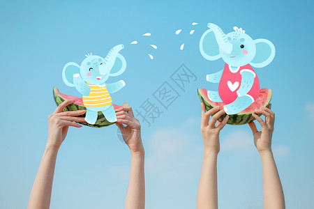 拿着西瓜的大象夏日小清新动物插画插画