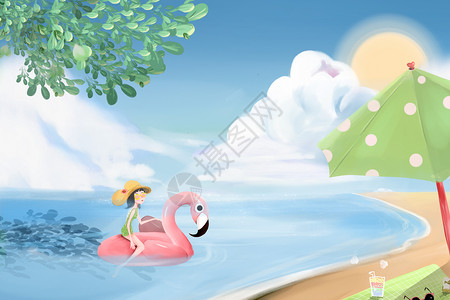 夏日海边烈鸟游泳圈高清图片