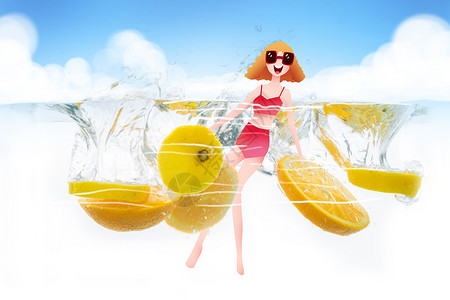 夏日橙子饮品柠檬橙子水果夏日清凉冷饮气泡插画