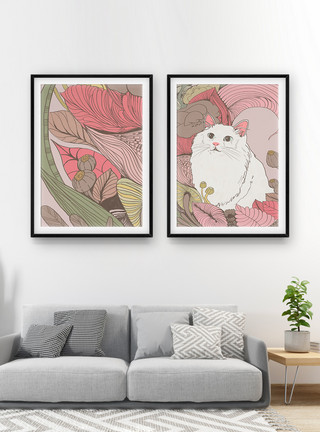 植物和猫手绘动物装饰画模板