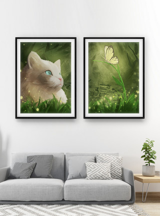 梦幻萤火虫梦幻猫咪动植物二联框装饰画模板