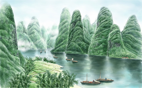 山清水秀风景漓江山水插画