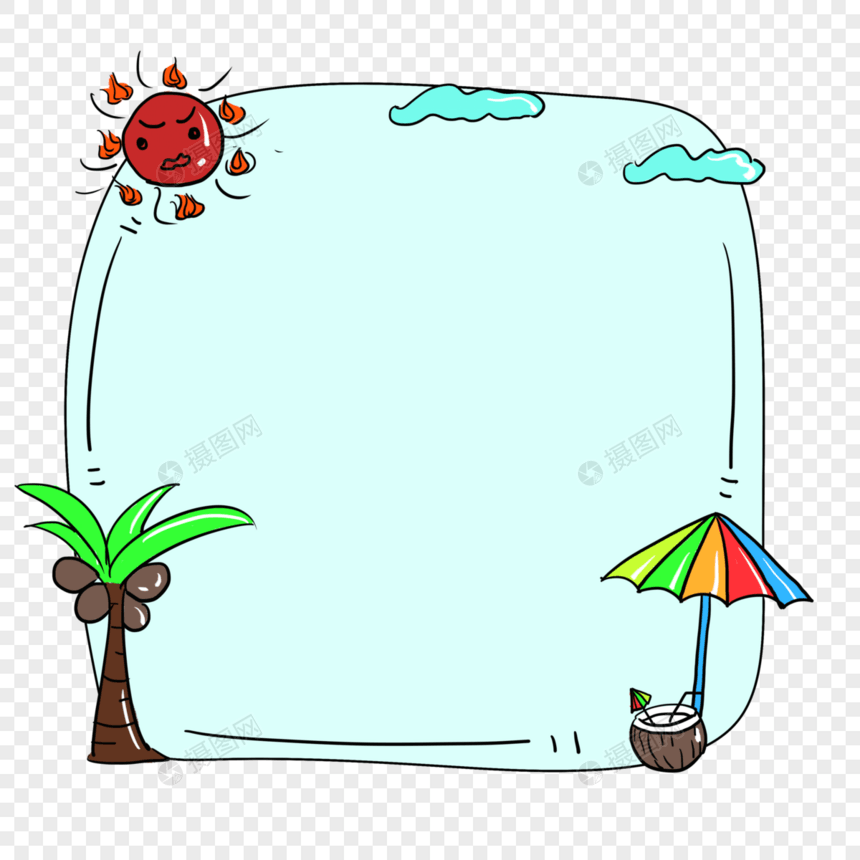 手绘椰子树椰子水大太阳边框对话框图片