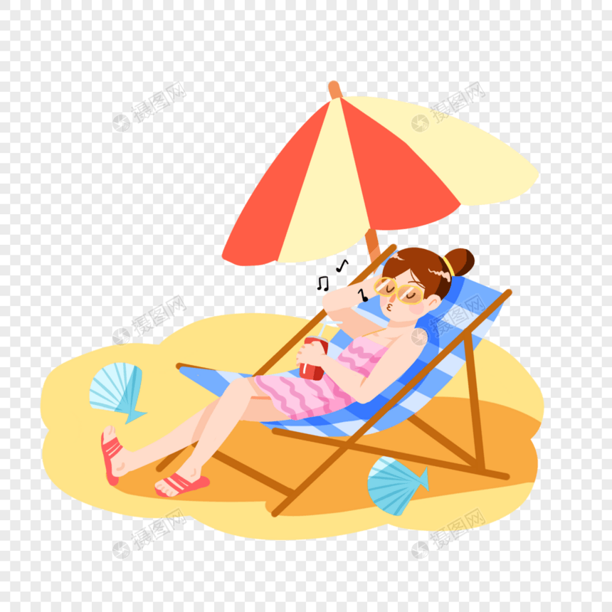 卡通女孩沙滩晒太阳图片