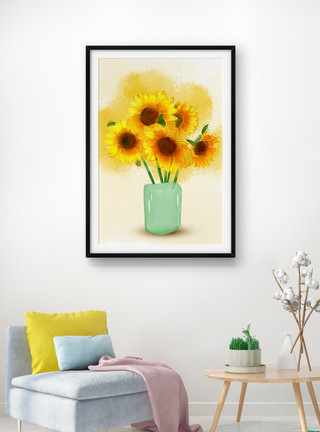 树与阳光素材手绘简约时尚花瓶花卉向日葵小碎花装饰画模板