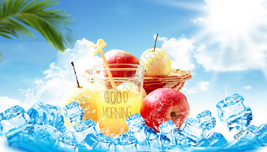 飞溅果汁和苹果冰凉夏季果汁背景设计图片