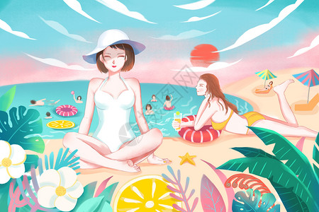 清新海边沙滩夏日插画