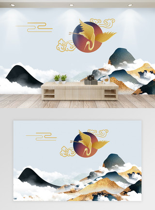 投影布中式国风华丽山川风景背景墙模板