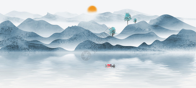 自然湖泊中国风山水画插画