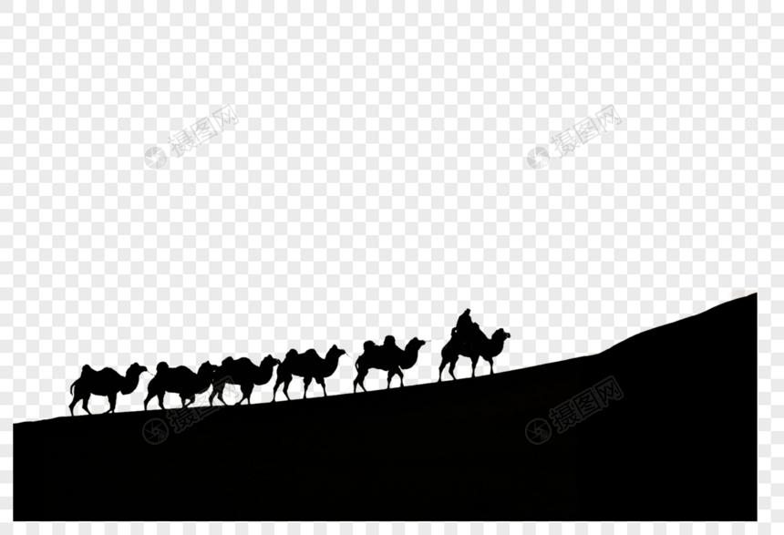 夕阳下的沙漠和骆驼剪影图片
