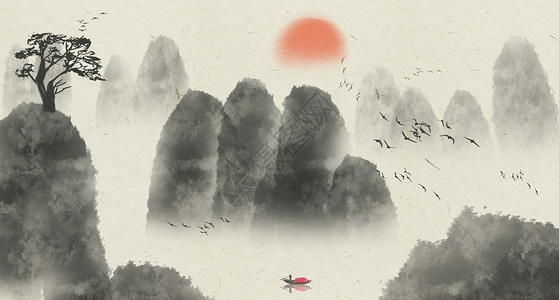 玄关背景墙中国风山水画插画