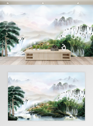 绝美瀑布风景青松瀑布山水画背景墙模板