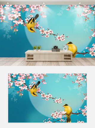 中式古典背景墙现代中式花鸟古典中国风电视背景墙模板