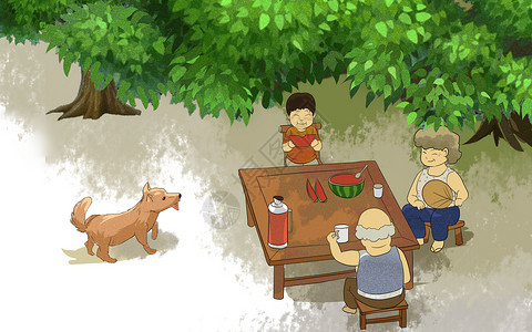 坐在树下的男孩图片夏日树下乘凉插画