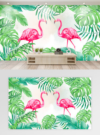 火烈鸟壁纸北欧风热带植物时尚现代客厅电视背景墙模板