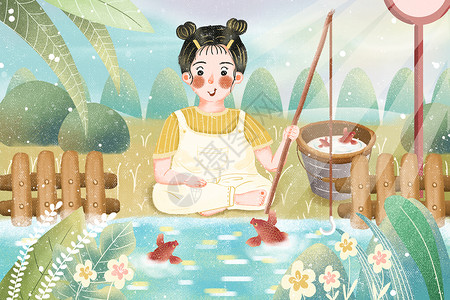 可爱小清新暑假河边小女孩钓鱼插画背景图片