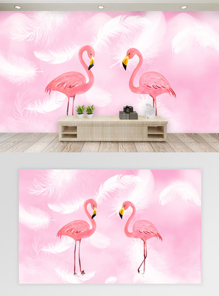 粉色酷炫火烈鸟北欧简约唯美羽毛背景墙模板