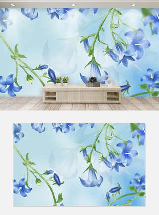 漂浮淡雅花朵现代简约蓝色牵牛花大花朵背景墙模板