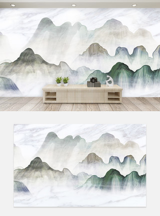 中式卧室背景新中式大理石山水画背景墙模板