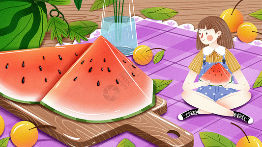 二十四节气小暑吃西瓜插画高清图片