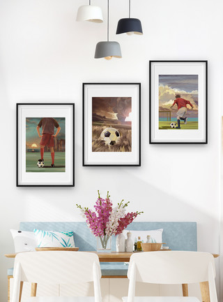 复古油画框油画足球运动场景三联框装饰画模板