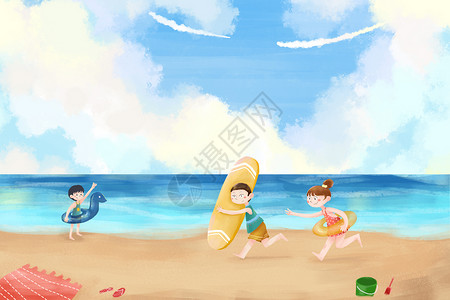 夏日游泳男孩暑期海边游玩原创治愈插画插画