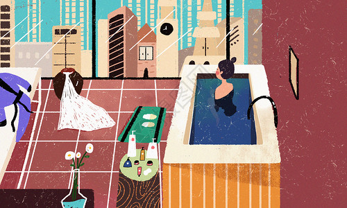 浴缸泡澡放松的年轻女性居家生活插画