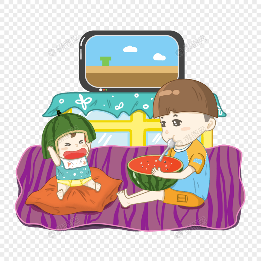 坐着吃瓜的孩子图片